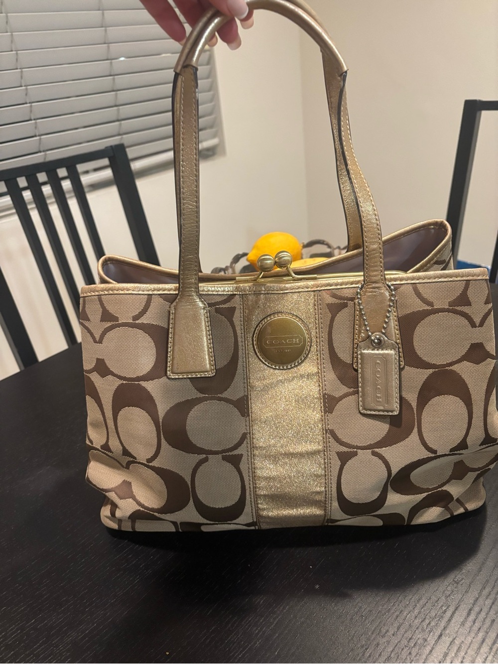 Coach EUC Signature Kisslock Stripe Framed Carryall Tote Gold Metallic w COA